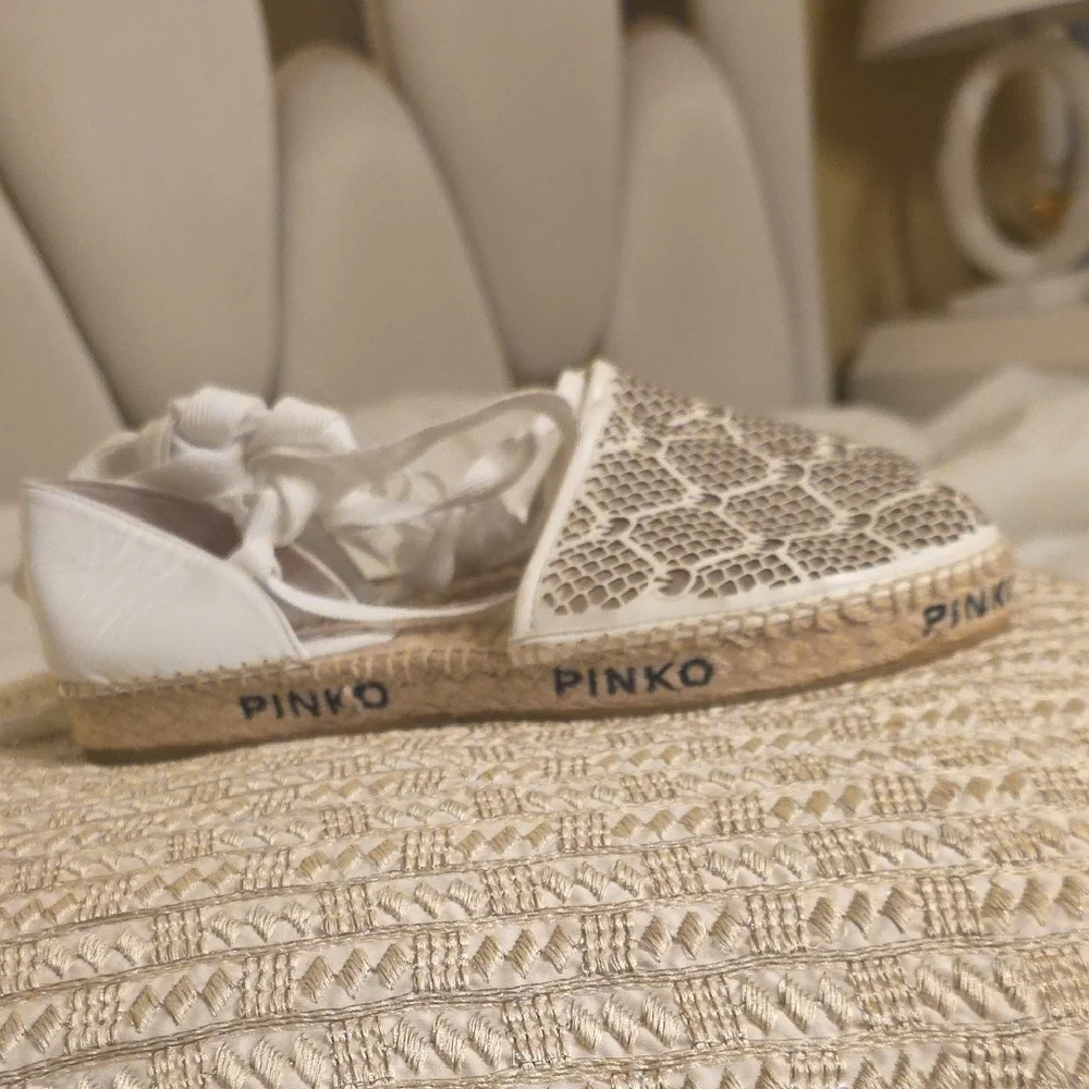 Pinko White Lace Espadrille with Jute Logo Sole and Ankle Ribbon